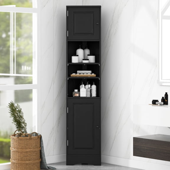 Aukfa Corner Wood Cabinet Tall Bathroom Storage Cabinet with Two Doors and Adjustable Shelves, Black