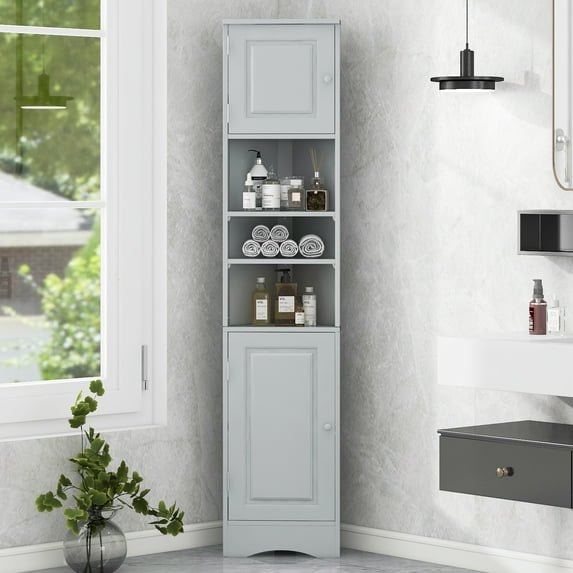 Aukfa Corner Wood Cabinet Tall Bathroom Storage Cabinet with Two Doors and Adjustable Shelves, Gray