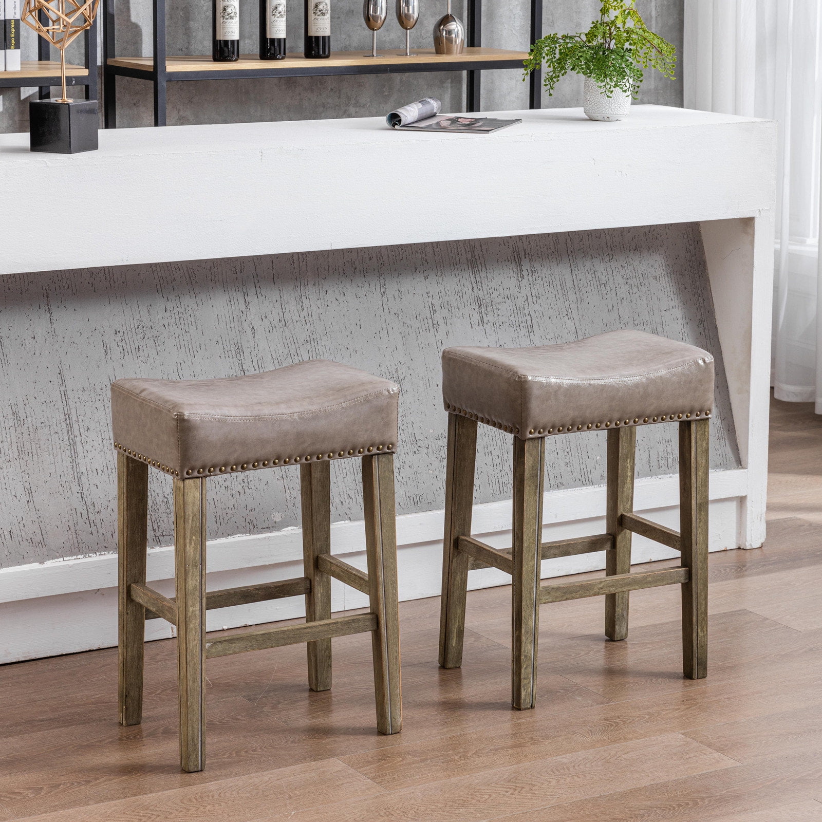 Aukfa Counter Height Bar Stools Set of 2 Backless Wood Saddle Kitchen Bar Stool Saddle Stool for Room, Bar,Gray