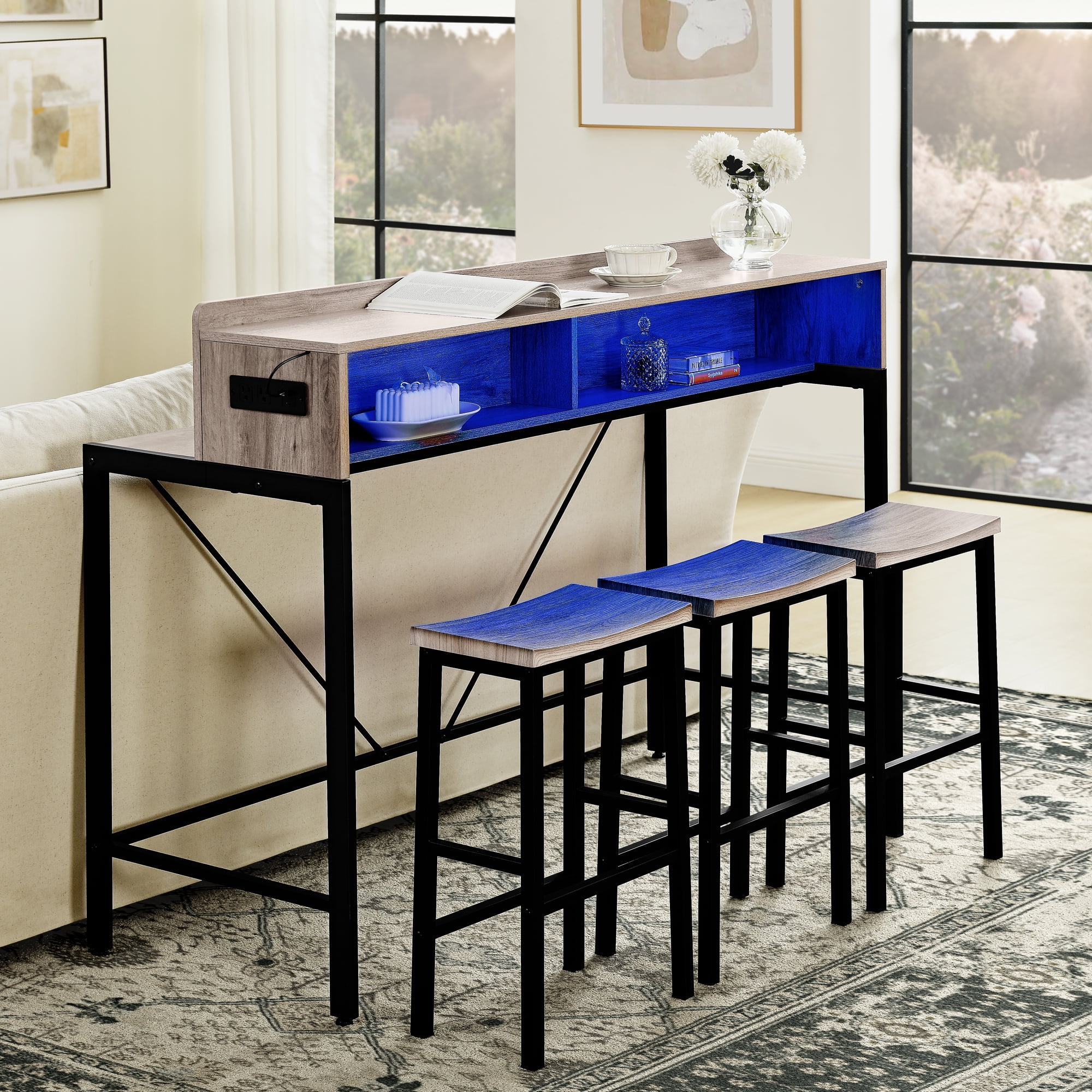 Aukfa Counter Height Dining Table Set, Kitchen Table W/ LED light,Storage Shelves & Power Outlet for Breakfast,Gray