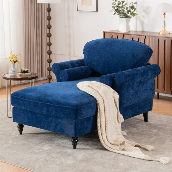 Aukfa Curved Arm Chaise Lounge Indoor Chair Oversized Mid-Century Modern Chair, 2 Pillows, Chenille, Blue