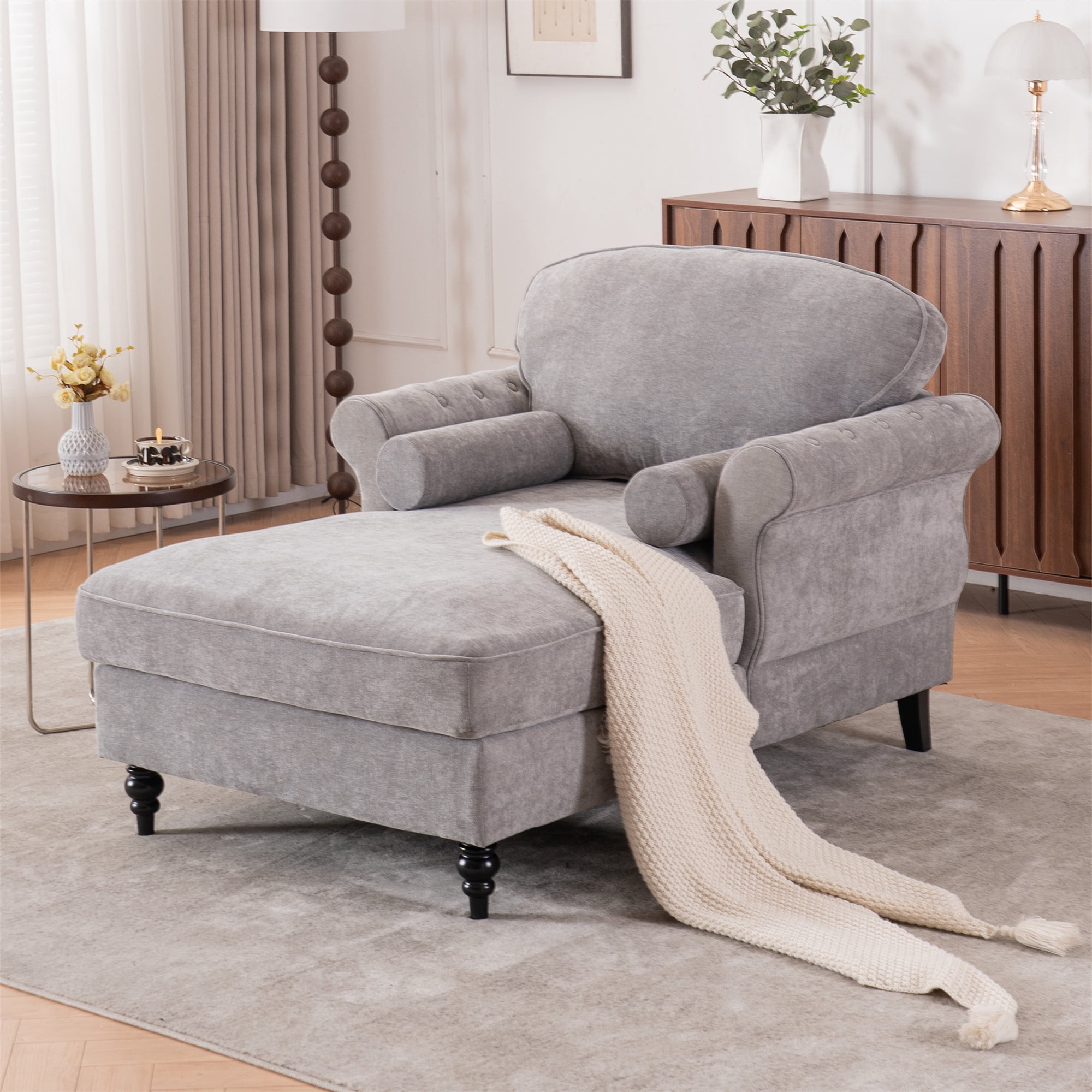 Aukfa Curved Arm Chaise Lounge Indoor Chair Oversized Mid-Century Modern Chair, 2 Pillows, Chenille, Light Gray