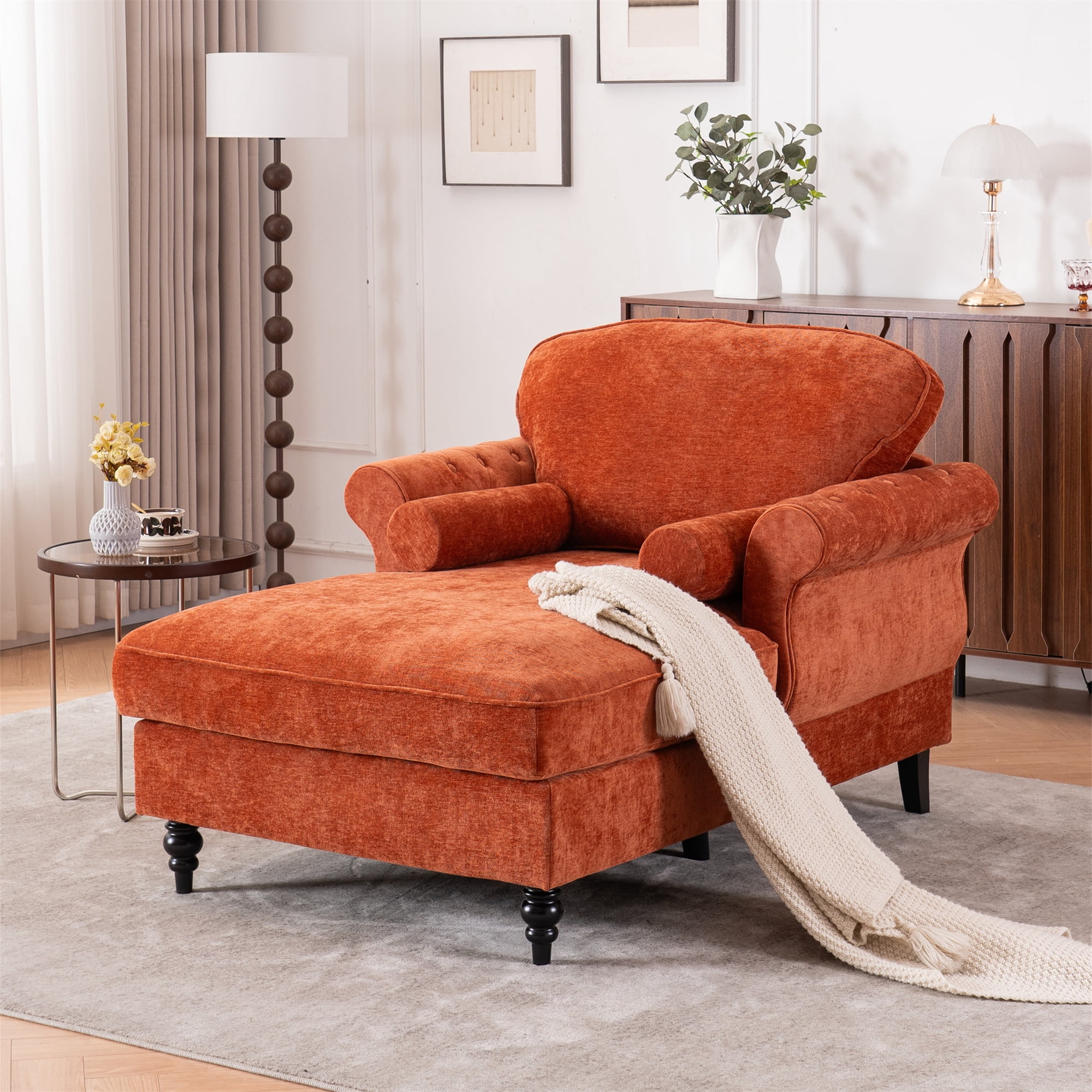 Aukfa Curved Arm Chaise Lounge Indoor Chair Oversized Mid-Century Modern Chair, 2 Pillows, Chenille, Orange