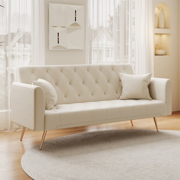 Aukfa Curved Arm Futon Convertible Sofa Bed for Home Office, 2 Pillows, Tufted Back, Velvet, Beige