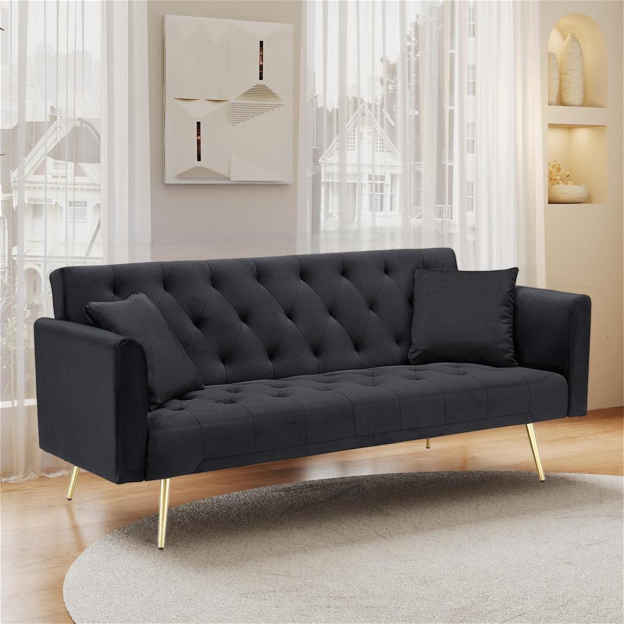 Aukfa Curved Arm Futon Convertible Sofa Bed for Home Office, 2 Pillows, Tufted Back, Velvet, Black