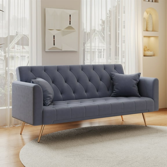 Aukfa Curved Arm Futon Convertible Sofa Bed for Home Office, 2 Pillows, Tufted Back, Velvet, Gray