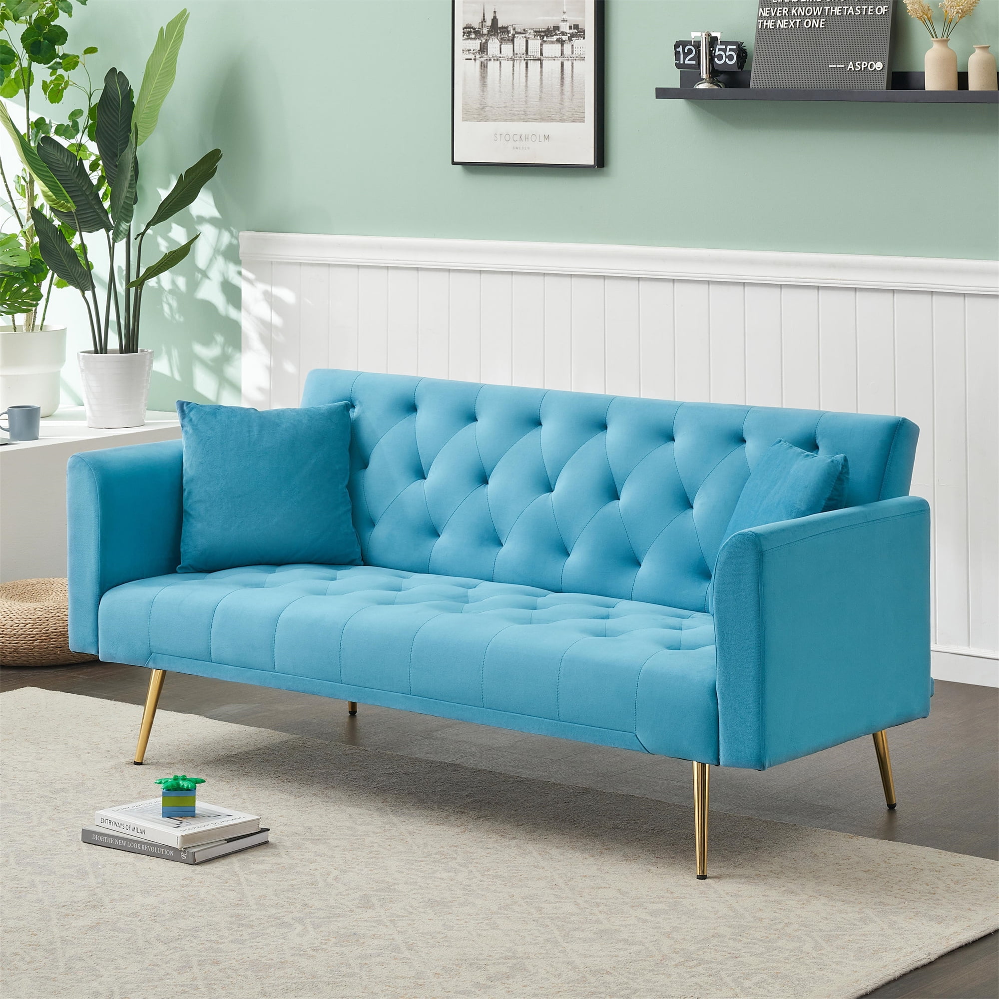 Aukfa Curved Arm Futon Convertible Sofa Bed for Home Office, 2 Pillows, Tufted Back, Velvet, Light Blue