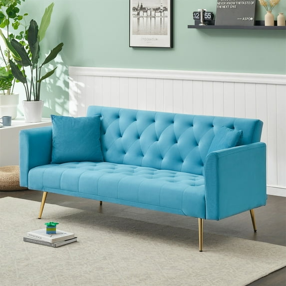 Aukfa Curved Arm Futon Convertible Sofa Bed for Home Office, 2 Pillows, Tufted Back, Velvet, Light Blue
