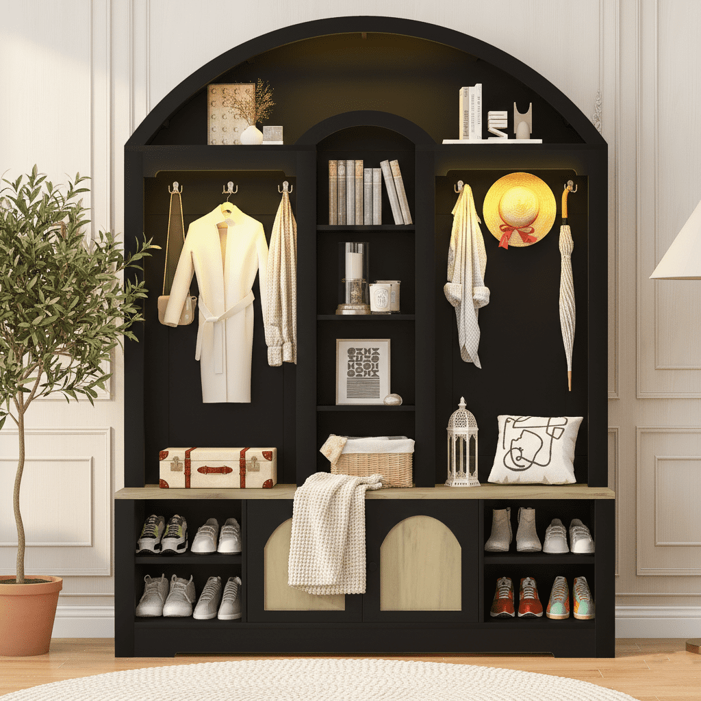 Aukfa Curved Hall Tree Wardrobe with Hooks, Shelves & Shoe Storage,Entryway Wardrobe Organizer for Hallway, Living Room,Black