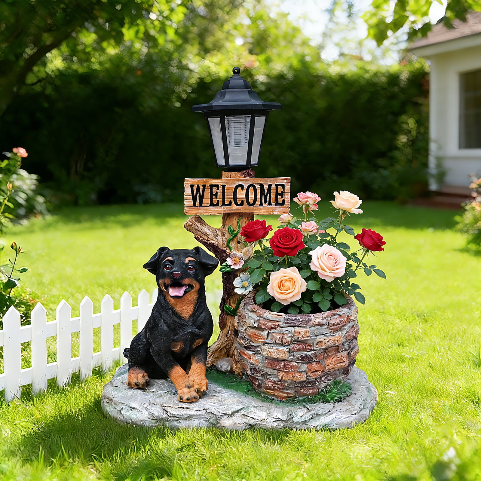 Aukfa Cute Puppy Dog Planter Statue with WELCOME Sign & Solar Figurines Light, Outdoor Garden & Entryway Accent