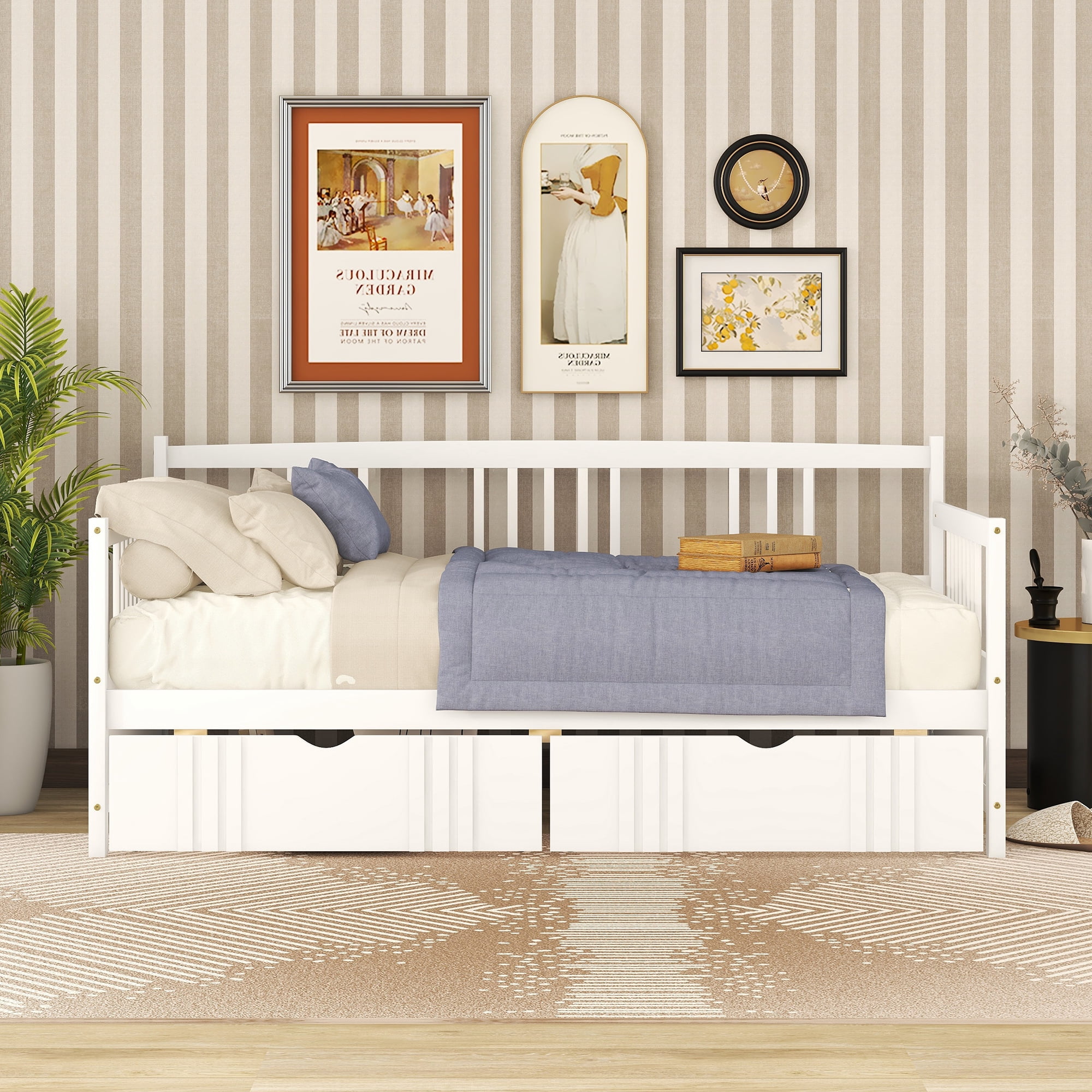 Aukfa Daybed with 2 Storage Drawers, Wood Twin Daybed Frame for Kids Guests Sleepovers, White
