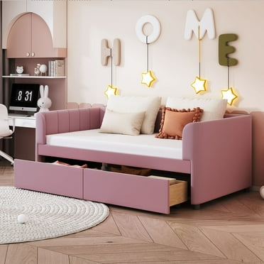 Aukfa Daybed with Storage Drawers, Twin Size Upholstered Bed Frame, Velvet, Pink