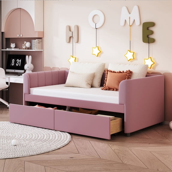 Aukfa Daybed with Storage Drawers, Twin Size Upholstered Bed Frame, Velvet, Pink