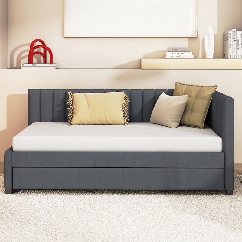 Aukfa Daybed with Trundle, Twin Size Upholstered Bed Frame, Gray