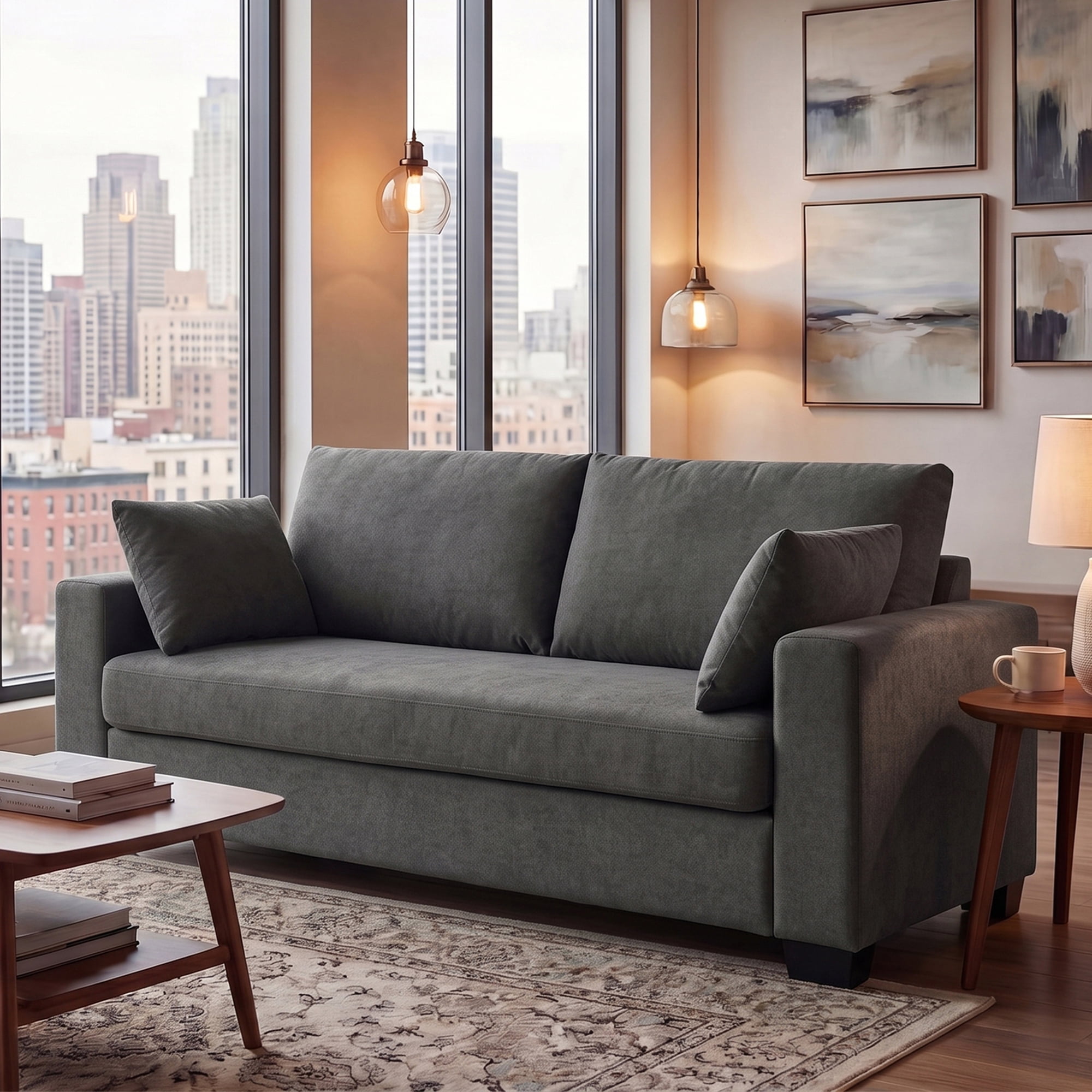 Aukfa 79" Modern Upholstered Sofa Couch 3 Seat Sofa for Living Room Bedroom, 2 Pillows, Chenille, Gray