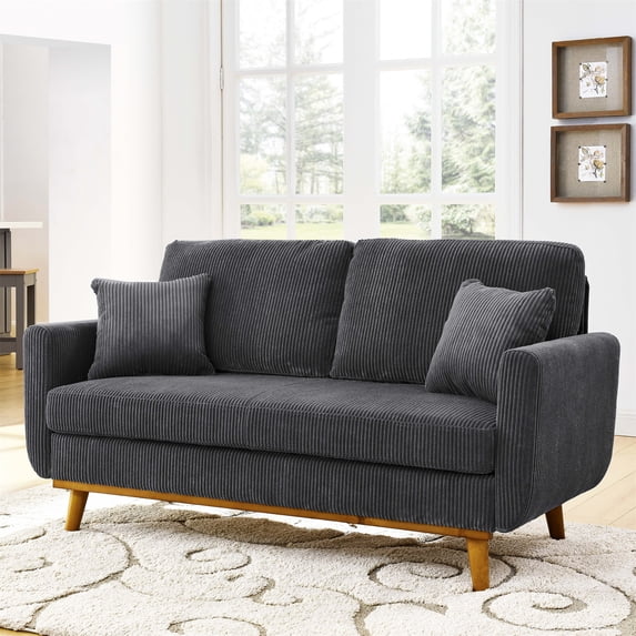 Aukfa Deep Seat Sofa Couch 65" Loveseat w/ 2 Pillows for Living Room Bedroom, Corduroy, Dark Gray