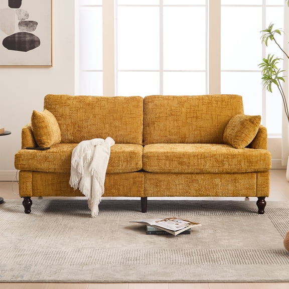 Aukfa 69" Vintage Small Sofa Loveseat Couch with LED light&USB Port for Living room, 2 Pillows, Chenille, Mustard