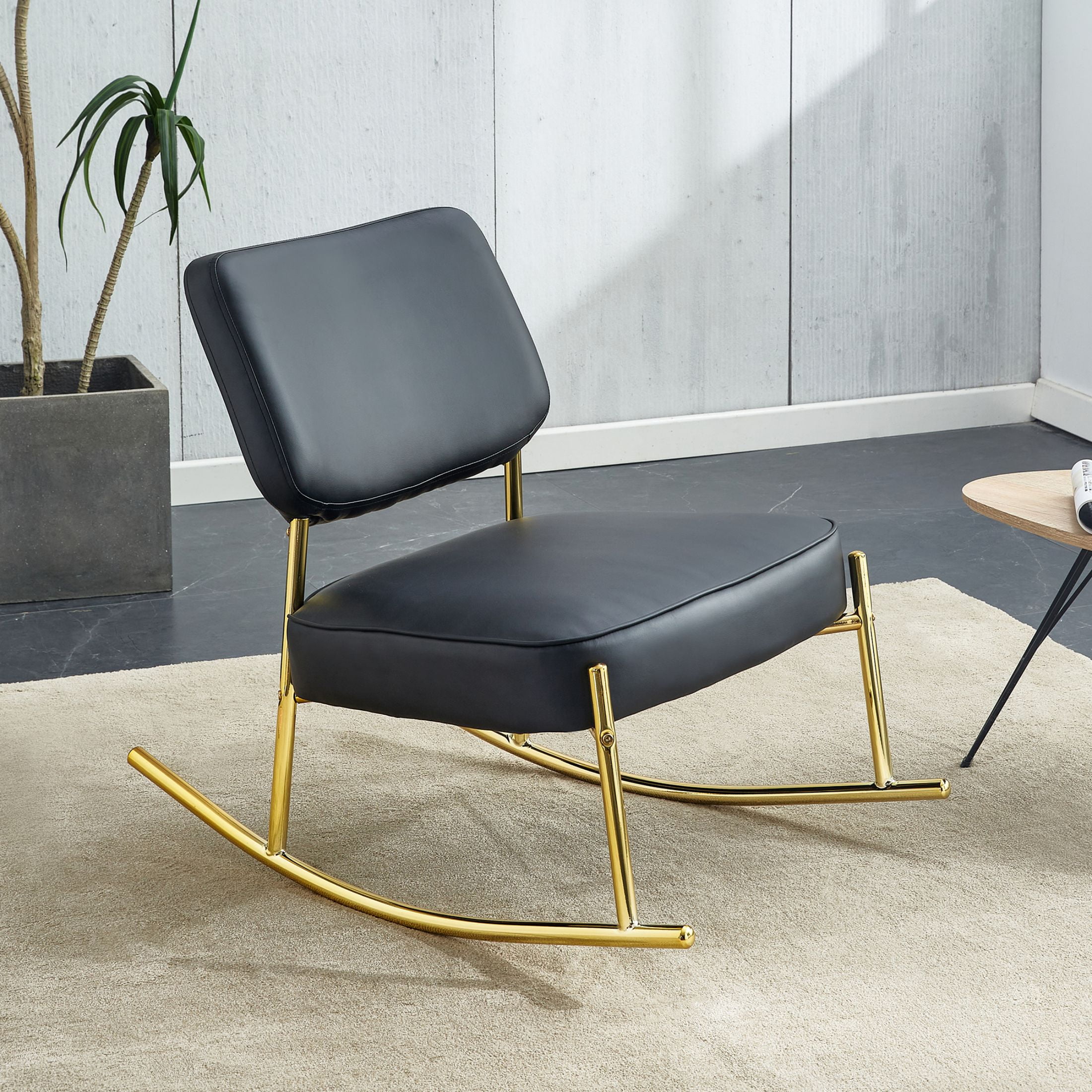 Aukfa Deep Seating Rocking Chair with PU Leather Padded Seat, Golden Metal Legs for Living Room, Black