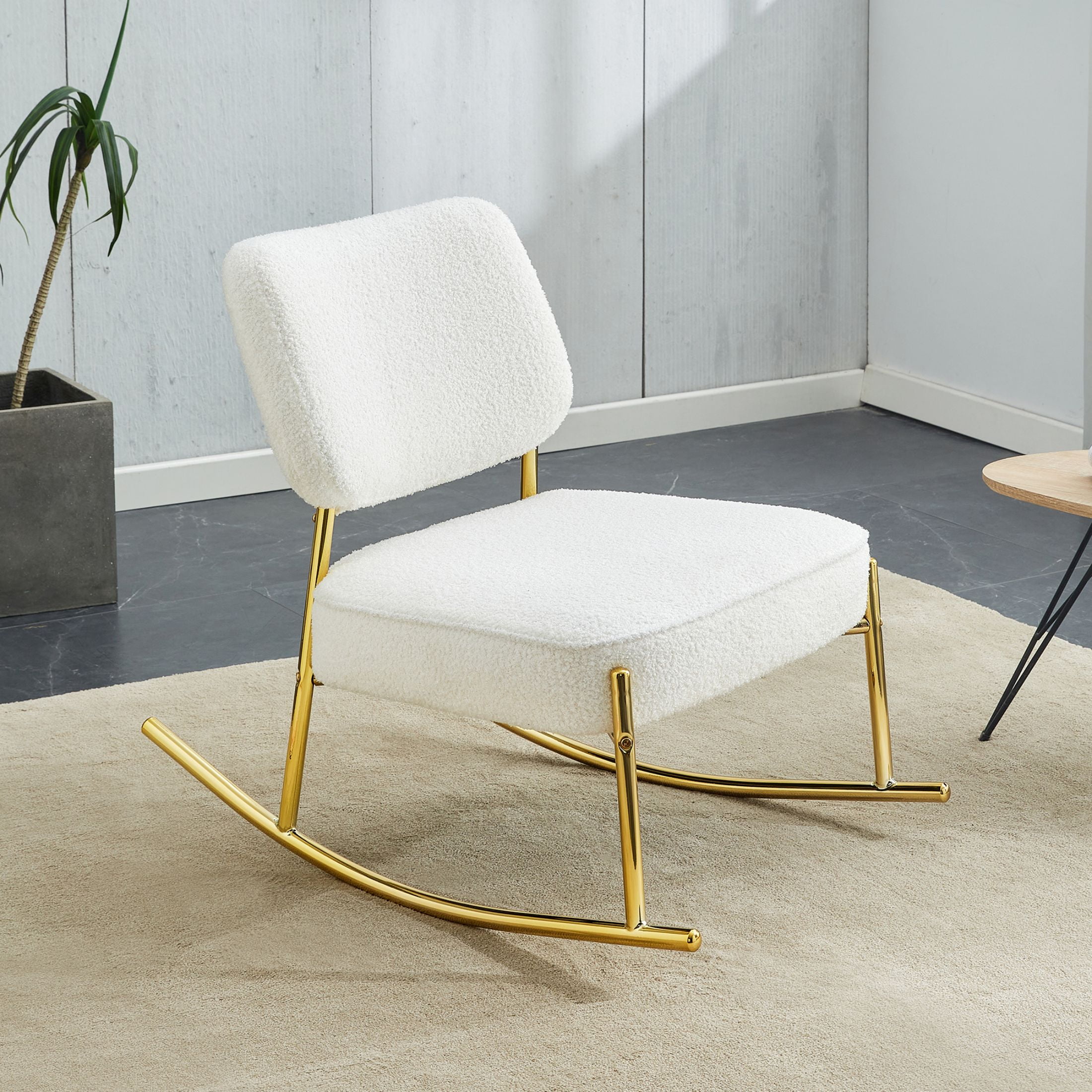 Aukfa Deep Seating Rocking Chair with Teddy Padded Seat, Golden Metal Legs for Living Room, White