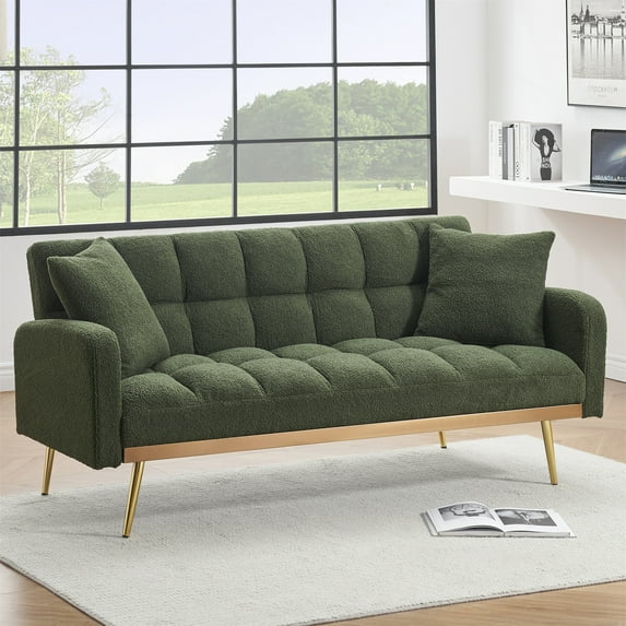 Aukfa Deep Tufted Futon Convertible Sofa Bed for Home Office, Upgraded Metal Base, 2Pillows, Green