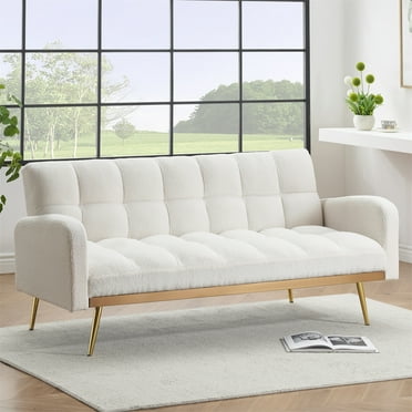 Aukfa Deep Tufted Futon Convertible Sofa Bed for Home Office, Upgraded Metal Base, Beige