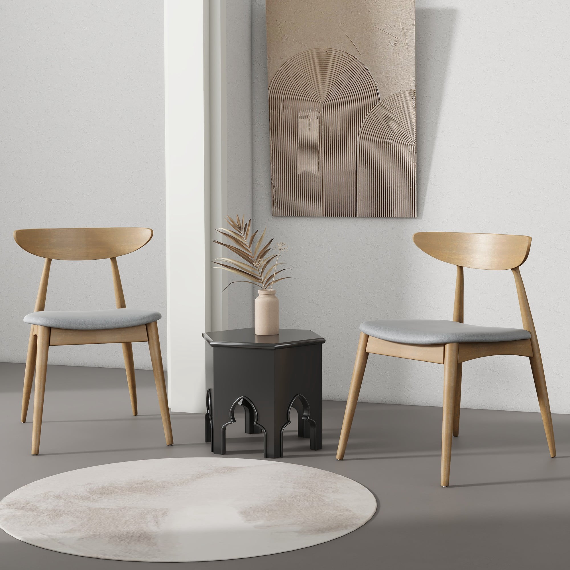 Aukfa Dining Chairs Set of 2, Mid Century Wood Side Chairs with Curved Backrest and Upholstered Seat, Dining Room Chairs for Kitchen, Living Room, Oak