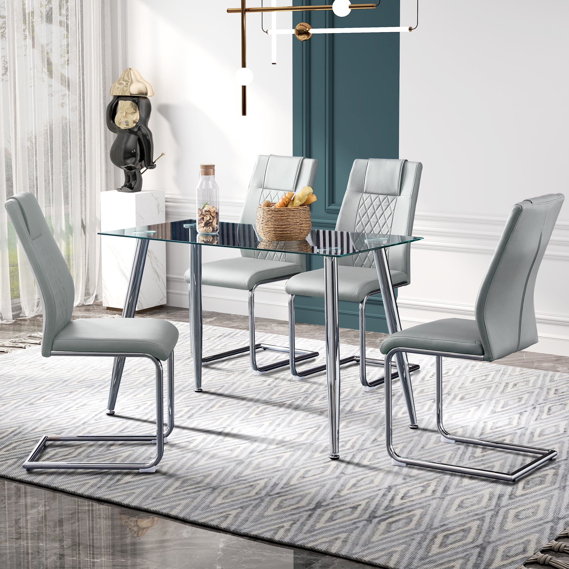 Aukfa Dining Chairs Set of 4, High Back Metal Side Chairs with Faux Leather Padded Seat for Kitchen, Dining Room, Ligh Gray/Silver