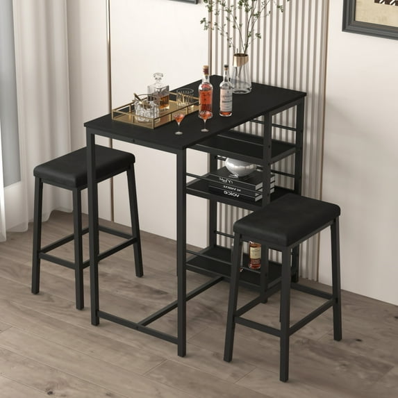 Aukfa Dining Table Set for 2, Kitchen Bar Table Set with Upholstered Stools for Small Space, Black