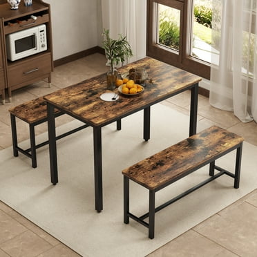Aukfa Dining Table Set for 4, Kitchen Dining Table Set with 2 Bench ,Brown