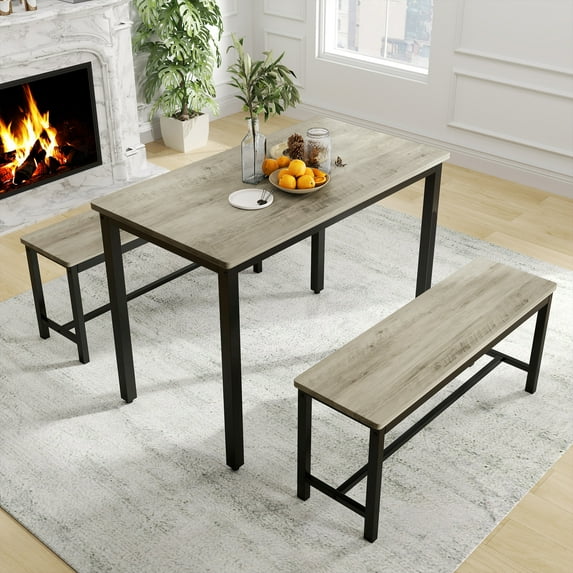 Aukfa Dining Table Set for 4, Kitchen Dining Table Set with 2 Bench ,Gray