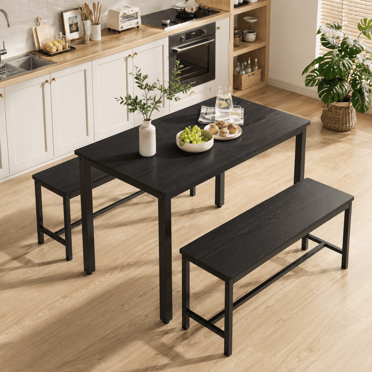 Aukfa Dining Table Set for 4, Rectangular Kitchen Table W/ 2 Benches for Small Space,Black