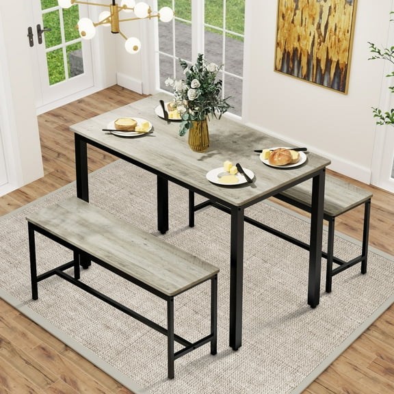 Aukfa Dining Table Set for 4, Rectangular Kitchen Table W/ 2 Benches for Small Space,Gray