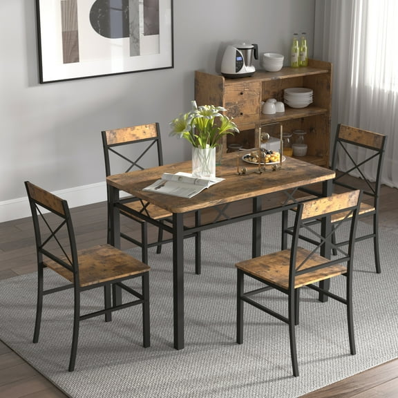 Aukfa Dining Table Set for 4, Wood Kitchen Table with Dinning Chair for Small Space, Brown