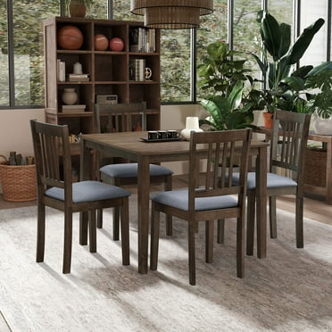 Aukfa Dining Table Set for 4, Wooden Dining Table w/ 4 Upholstered Chairs for Kitchen,Oak