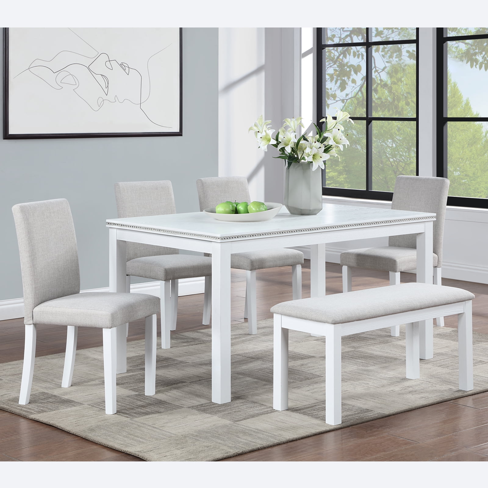 Aukfa Dining Table Set for 6, Rectangular Wood Kitchen Table W/ Crystal Decoration for Kitchen/Dining Room,White