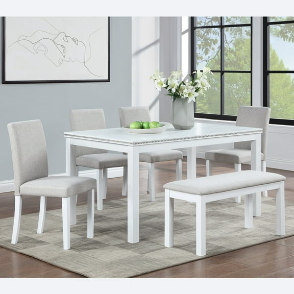 Aukfa Dining Table Set for 6, Rectangular Wood Kitchen Table W/ Crystal Decoration for Kitchen/Dining Room,White