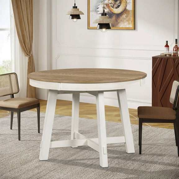 Aukfa Dining Table for 4-6, 42"-58" Extendable Round Kitchen Table with 16" Rustic Drop Leaf for Dining Room/Living Room, Antique White