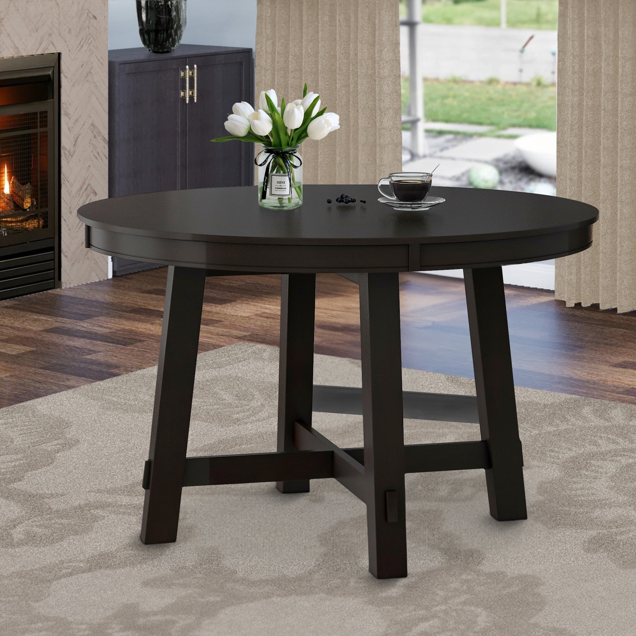 Aukfa Dining Table for 4-6, 42"-58" Extendable Round Kitchen Table with 16" Rustic Drop Leaf for Dining Room/Living Room, Espresso