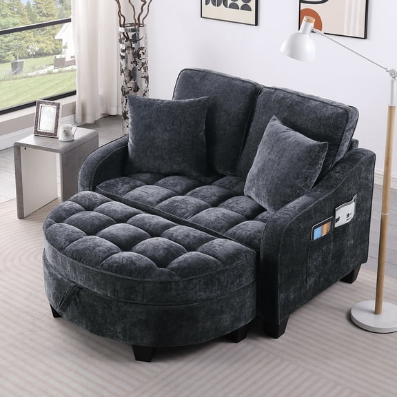Aukfa Double Chaise Lounge Loveseat with Storage Ottoman & 2 Pillows, Modern Small Sectional Couch for Small Space,Black
