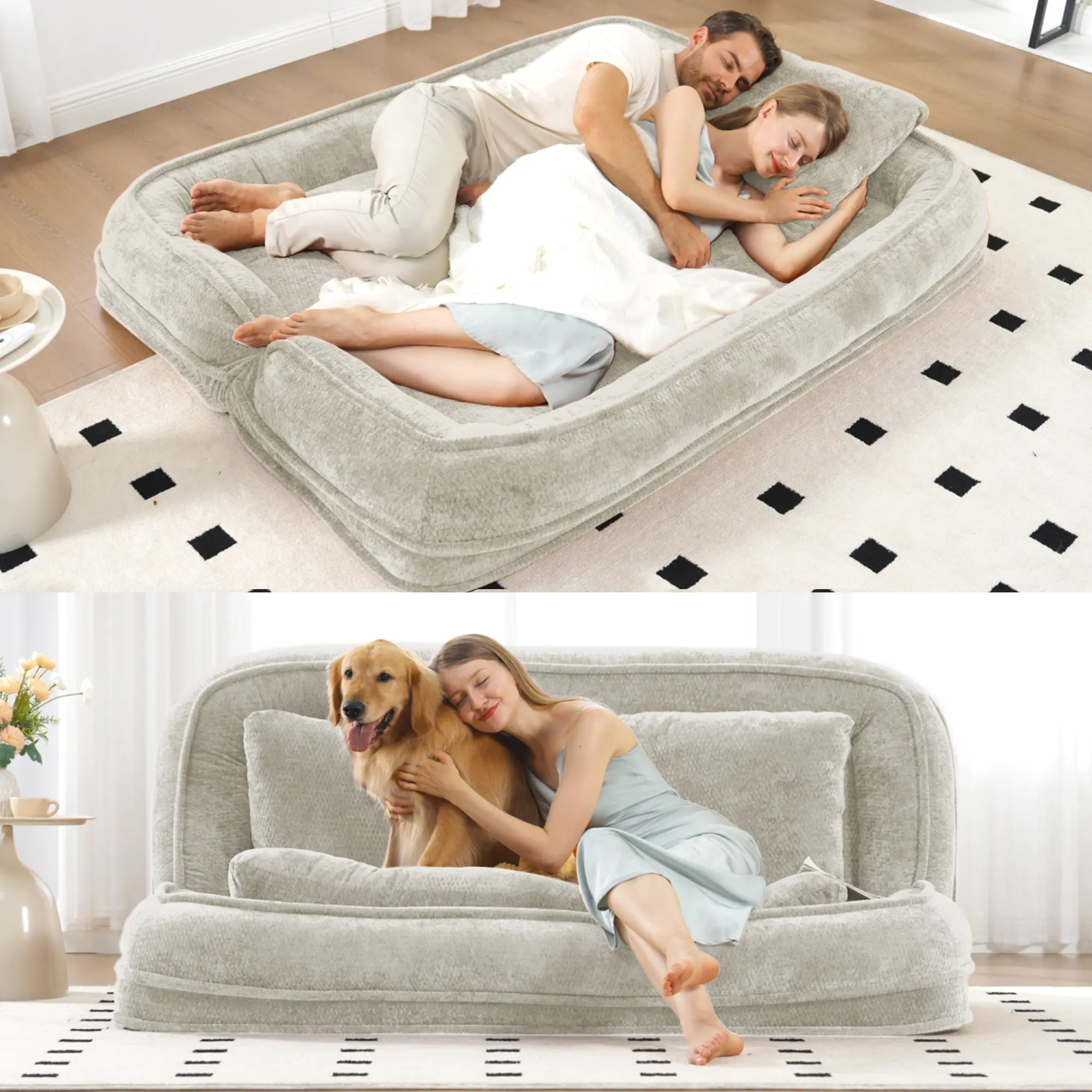 Aukfa Double Human Dog Bed Lazy Sofa Loveseat with Adjustable Backrest, Extra Large 2-Seat Floor Couch with Plump PillowBeige