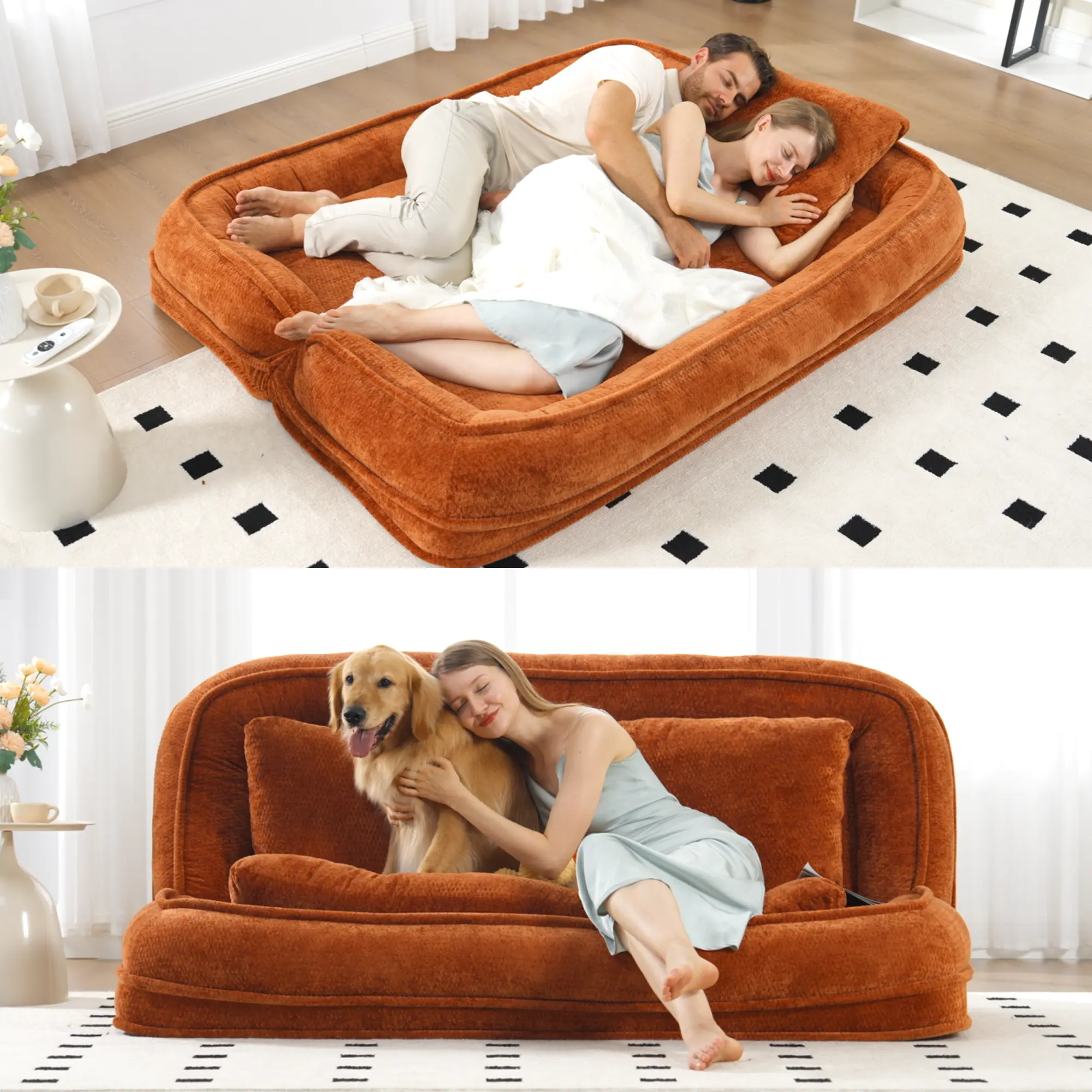 Aukfa Double Human Dog Bed Lazy Sofa Loveseat with Adjustable Backrest, Extra Large 2-Seat Floor Couch with Plump PillowOrange