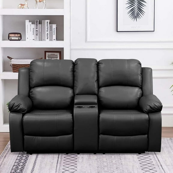 Aukfa Double Manual Recliner Chair, Overstuffed Loveseat w/ Cupholders,Leather, Black