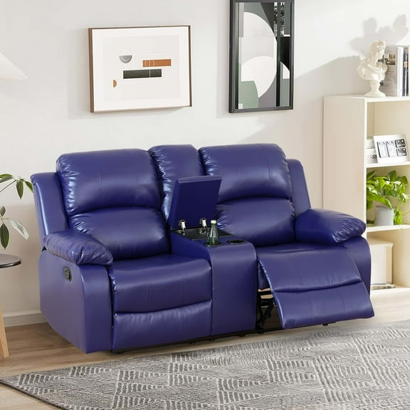 Aukfa Double Manual Recliner Chair, Overstuffed Loveseat w/ Cupholders,Leather, Blue