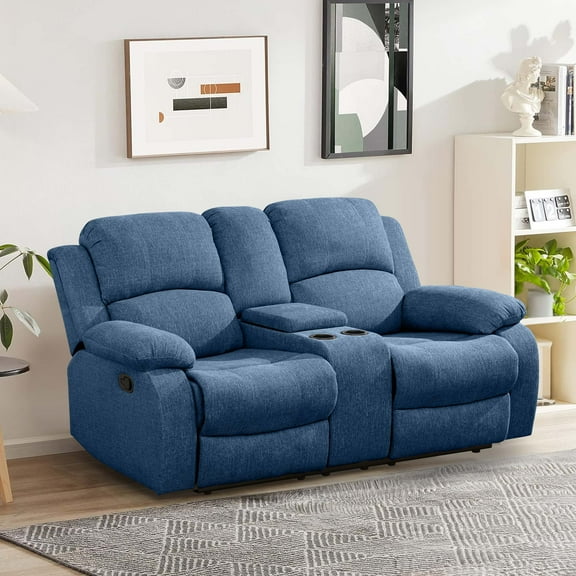Aukfa Double Manual Recliner Chair, Overstuffed Loveseat w/ Cupholders, Flannel, Blue