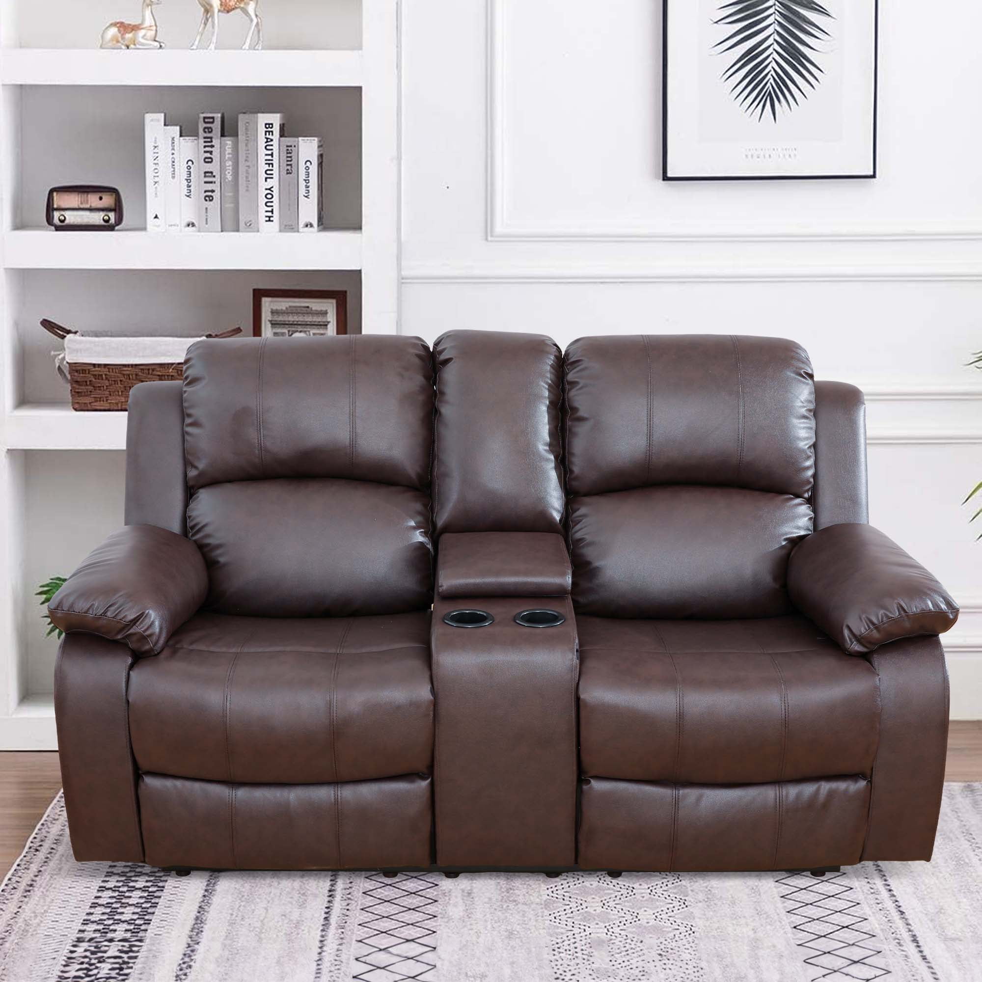 Aukfa Double Manual Recliner Chair, Overstuffed Loveseat w/ Cupholders,Leather, Brown