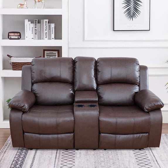 Aukfa Double Manual Recliner Chair, Overstuffed Loveseat w/ Cupholders,Leather, Brown