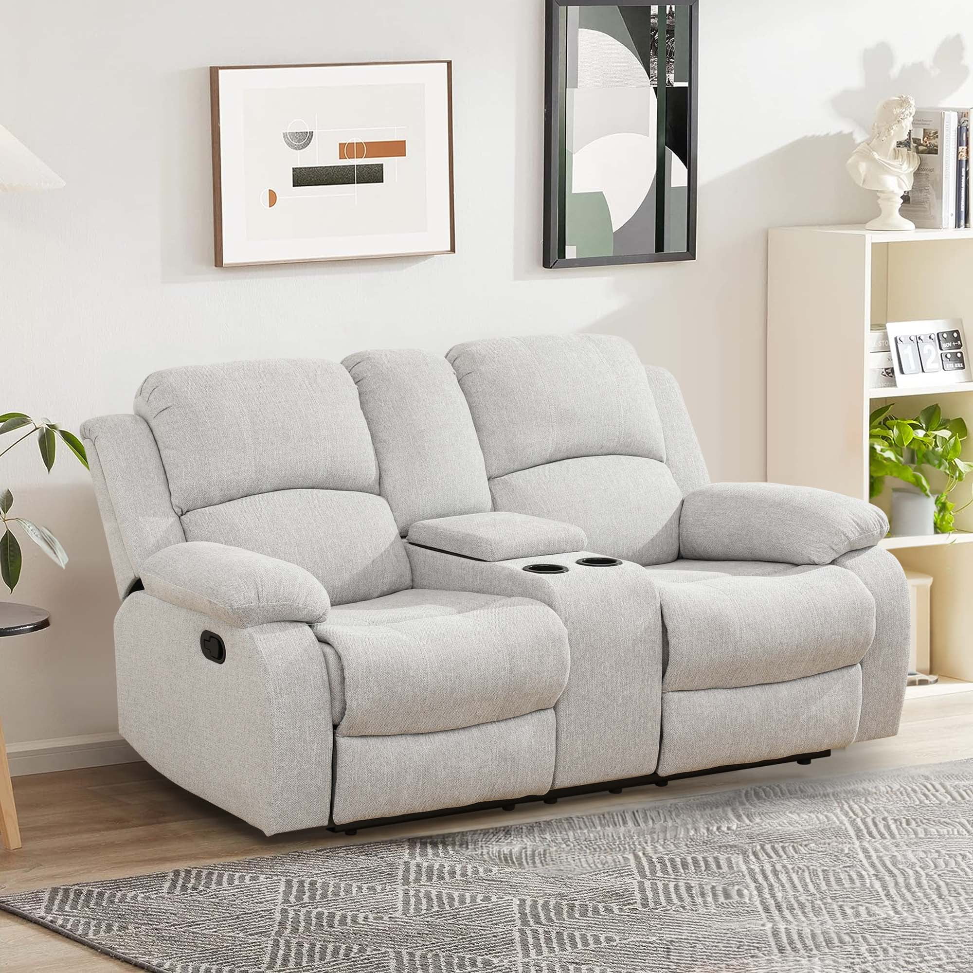 Aukfa Double Manual Recliner Chair, Overstuffed Loveseat w/ Cupholders,Leather, Gray