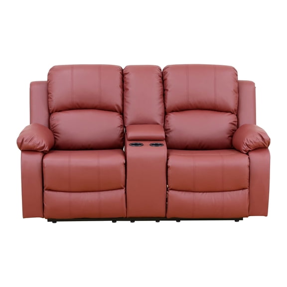 Aukfa Double Manual Recliner Chair, Overstuffed Loveseat w/ Cupholders,Leather, Red