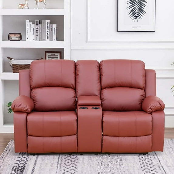 Aukfa Double Manual Recliner Chair, Overstuffed Loveseat with Cupholder for Living Room, Red