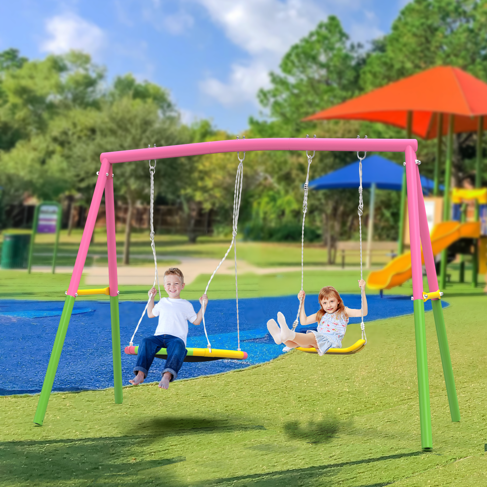 Aukfa Double Swing Set, 330 lbs Heavy-Duty Backyard Swing Set for Kids and Adults,Outdoor Patio Playground Swing with 32" Saucer Swing & Belt Swing Seats, Pink